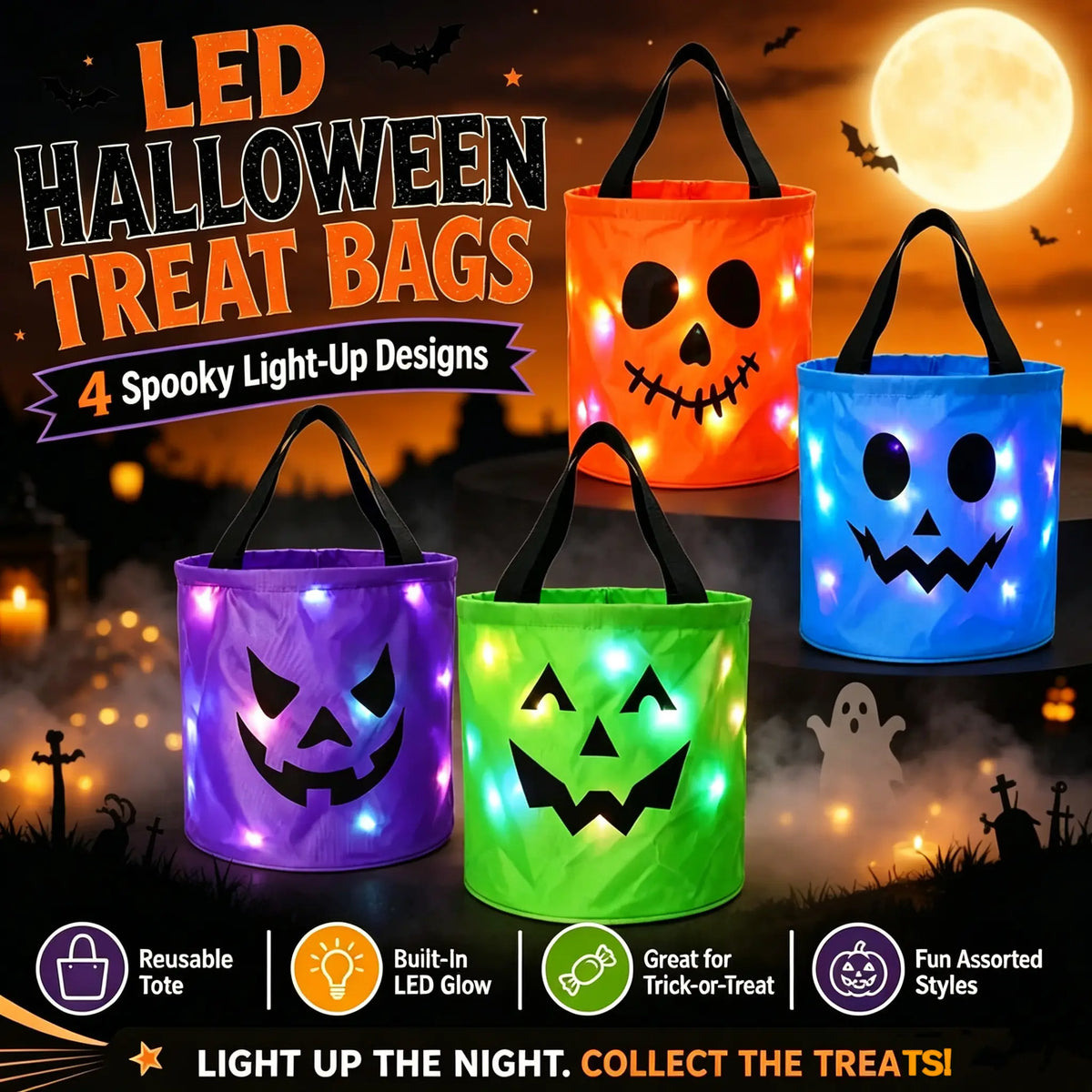 Billhol® LED Light-Up Halloween Pumpkin Candy Buckets – Reusable Trick-or-Treat Bags🎃