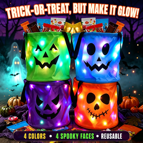 Billhol® LED Light-Up Halloween Pumpkin Candy Buckets – Reusable Trick-or-Treat Bags🎃