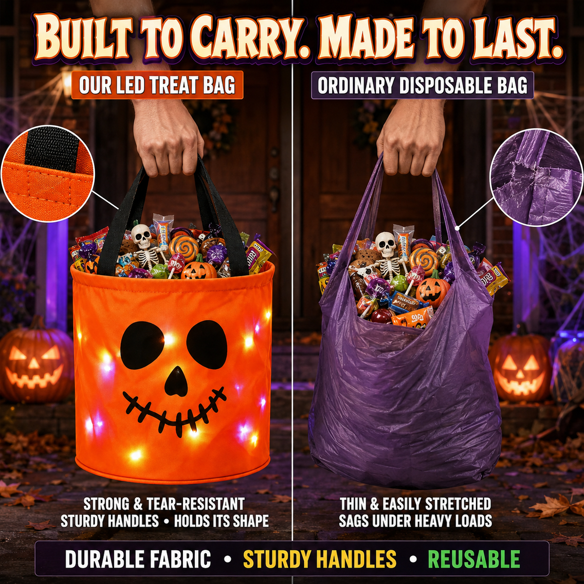 Billhol® LED Light-Up Halloween Pumpkin Candy Buckets – Reusable Trick-or-Treat Bags🎃